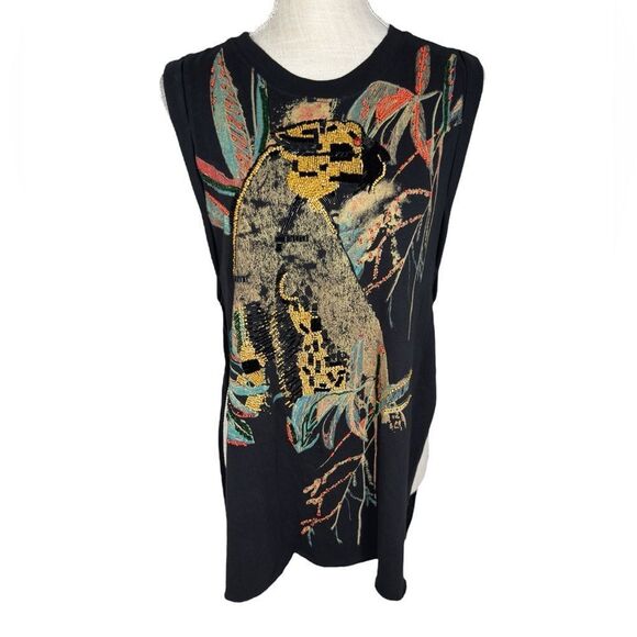Free People Black Pure Cotton Embellished Jungle Bay Embroidered Tunic Tank Top - Picture 3 of 10